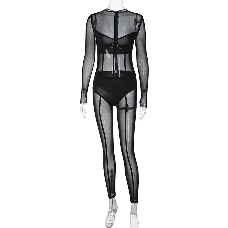 Einteilige sexy Overalls Langarm Mesh Jump Anzüge für Frauen Mode solide Bleistift hose Damen Jumps uit Hose Streetwear – Detail 9