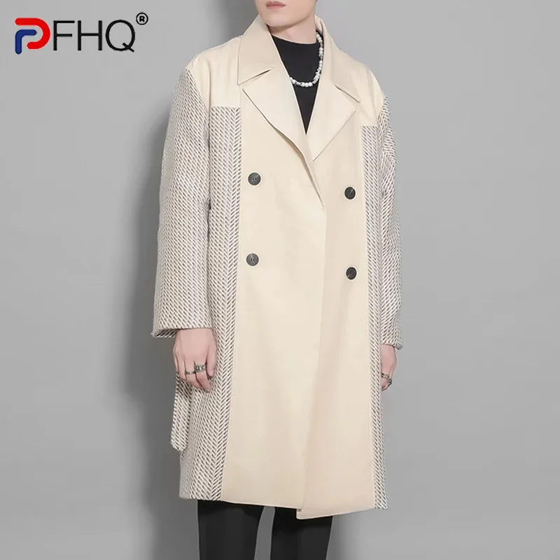 

PFHQ Autumn Winter Men's Clothing Personalized Splicing Tide Loose Medium Length Streetwear Outdoor Original Woolen Coat 21Z3277