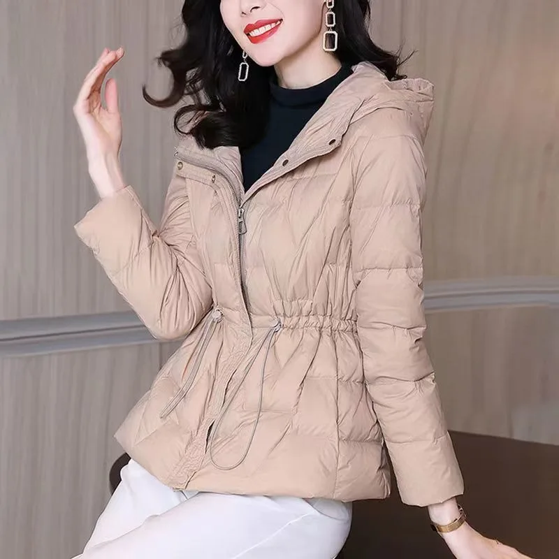 2023 New Women Winter Padded Female Plush Thicken Waist Parkas Loose Hooded Outwear Short-Length Lace Up Decoration Overcoat