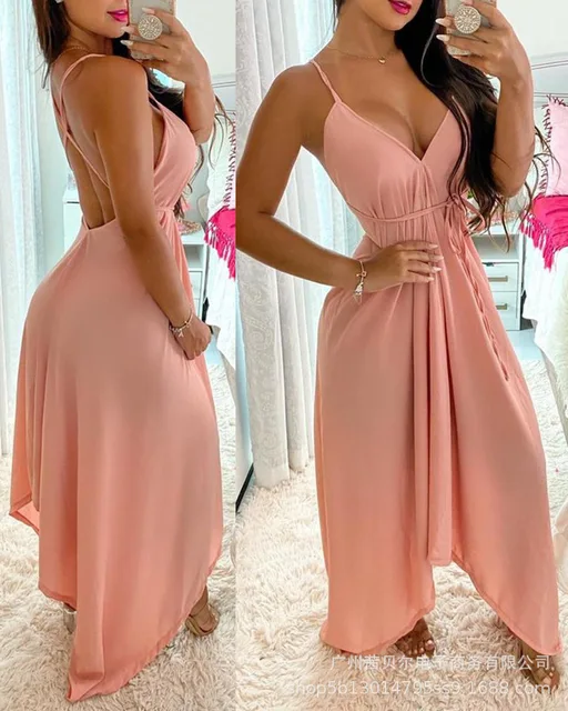 Vestidos femininos 2025 verão nova cor sólida com decote em v rendas sem mangas sexy sem costas bainha irregular casual diário vestido longo