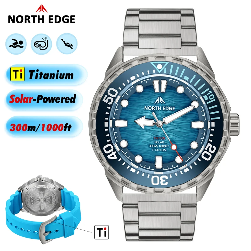 NORTH EDGE 2025 NEW+ TRITON-TI Titanium Solar-Powered Diving Watch Luxury Quartz Watches For Men 300M Waterproof 180+ Day Power