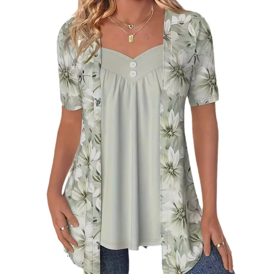 Large Sizes Women T Shirts Summer Fashion Casual Fake Two Piece Short Sleeve Loose Flower Print Patchwork Shirts Plus Size Tops 6