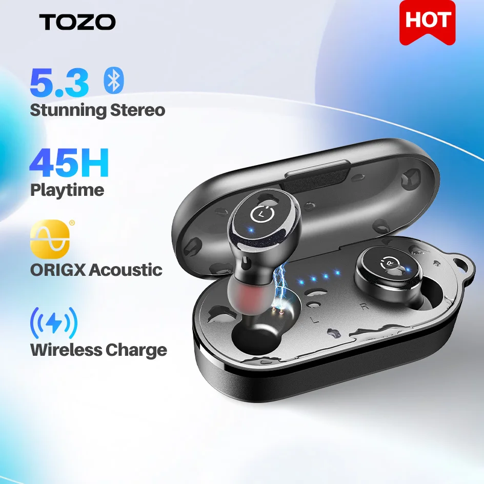 

TOZO T10 Bluetooth 5.3 Earphones ,Wireless Headphones , AI Enhanced Calling With Deep Bass, IPX8 Waterproof Earbuds ,45H Play