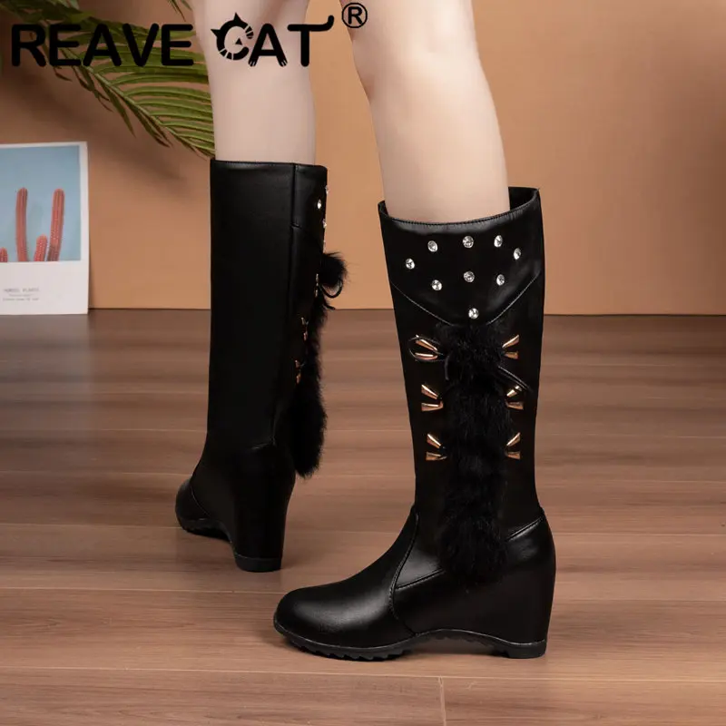 

REAVE CAT Female Mid Calf Boots Round Toe Increased Heels Wedges 5.5cm Slip On Crystal Plus Size 42 43 44 Sweet Dating Booties
