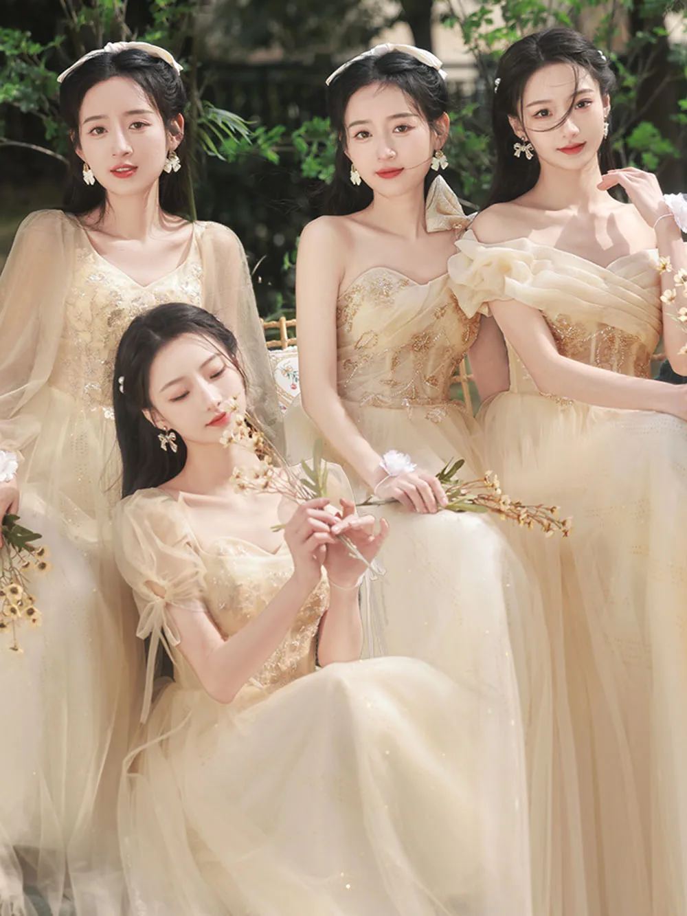 

4 Styles Champagne Bridesmaid Dress Women's Elegant Applique Off The Shoulder Fish Bone Waist A-Line Wedding Party Guest Vestido