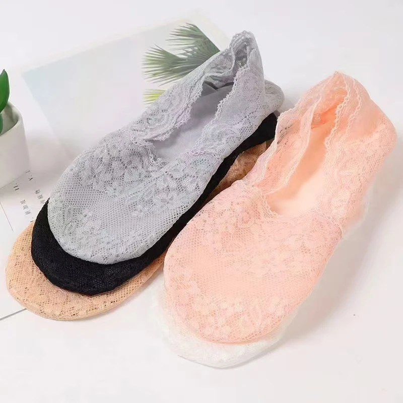 여성용 땀 흡수 깊은 목 실리콘 미끄럼 방지 얇은 벚꽃 레이스 보트 양말, 용수철 여름, 5 켤레