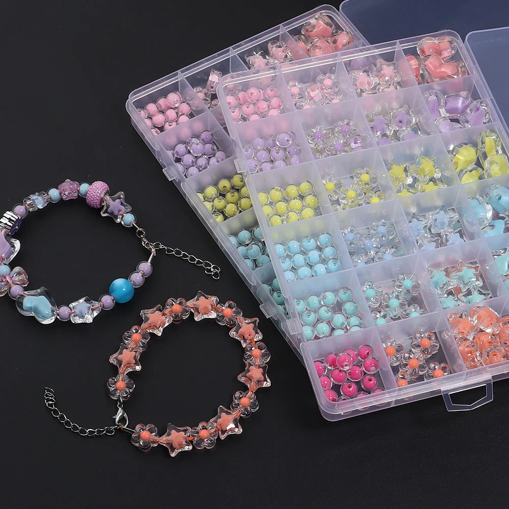 24 Grides Runde Herz Blume Acryl Perlen Kits Lose Perlen Box Für Kinder Mädchen DIY Schmuck Machen Kits Halskette Armband – Detail 3