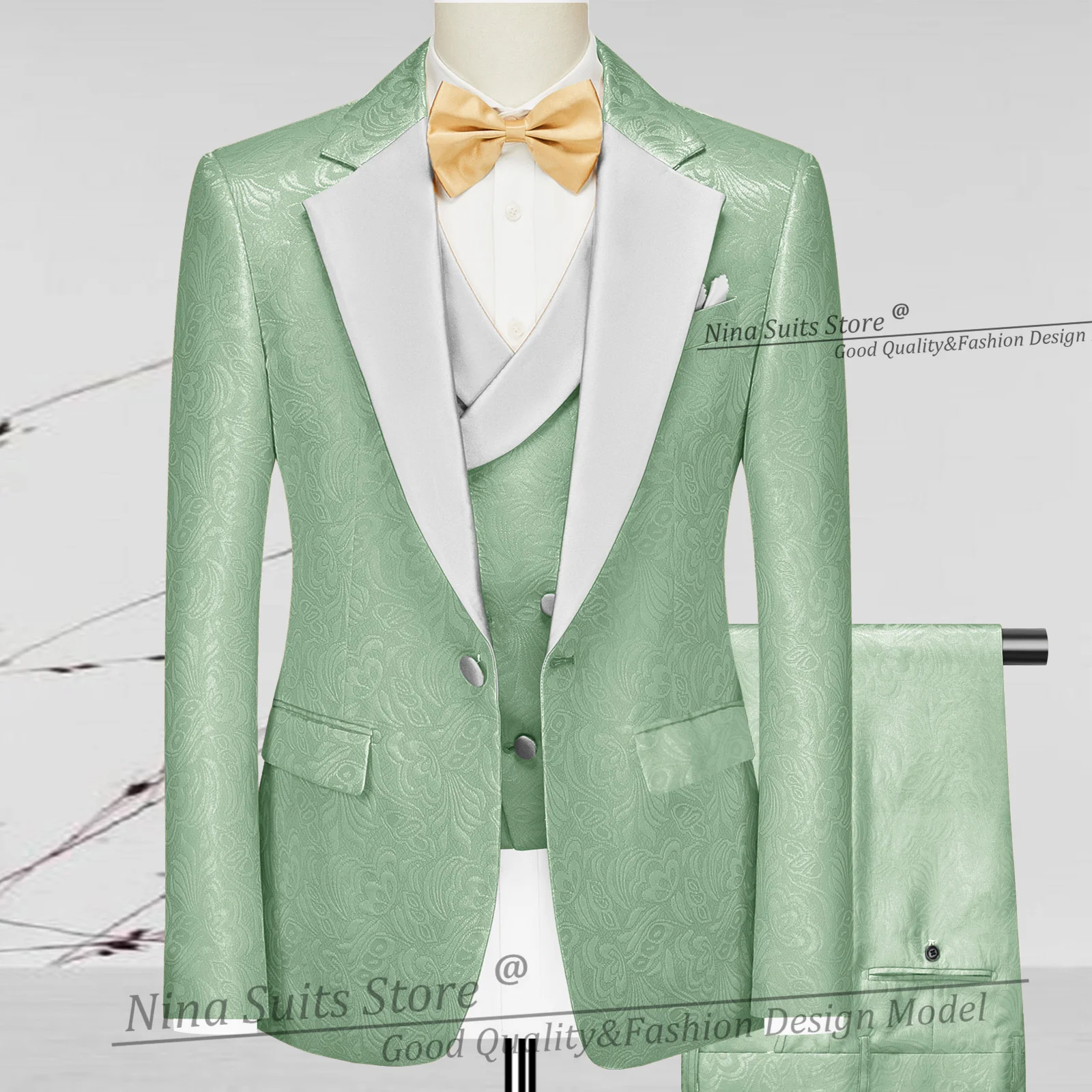 G&N Colorful Jacqaurd Costume for Men 3 Piece Set Sky Blue Paisley Blazer Trousers Waistcoat Groom Party Tuxedo White Lapel