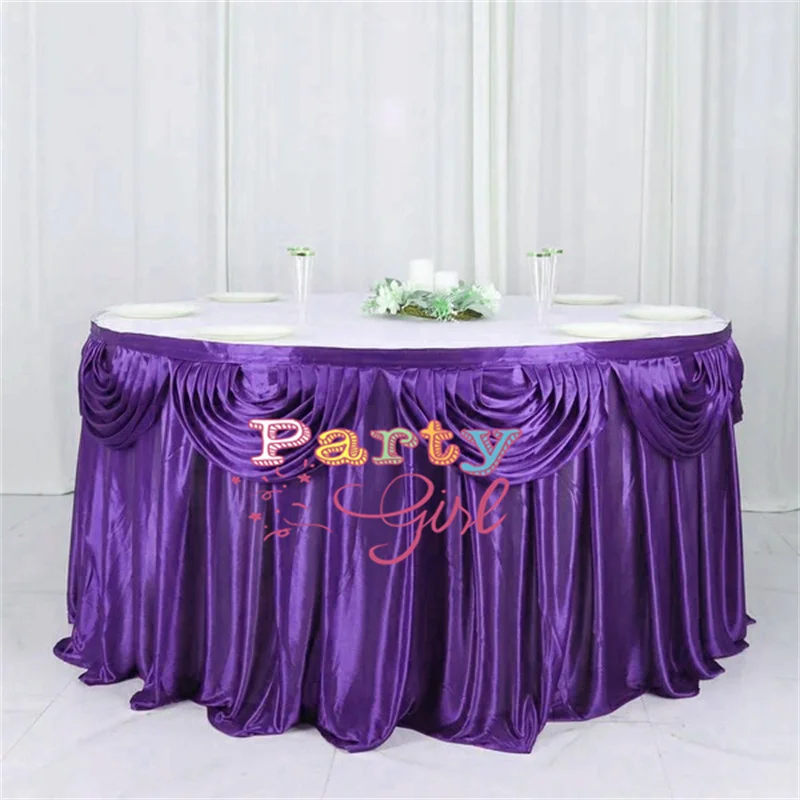 Hot Sale Round Size White Color Ice Silk Table Skirt Banquet Wedding Tablecloth Skirting Include Swag Drape Christmas Decoration
