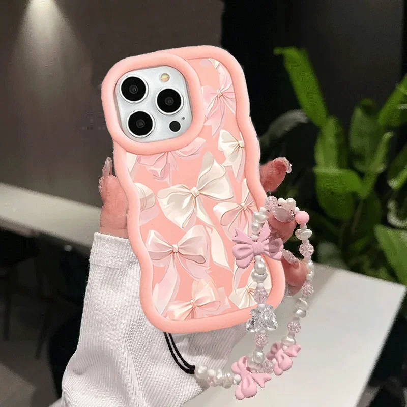 Chic Pink Bow Chain Silicone Phone Case with Bowknot Design