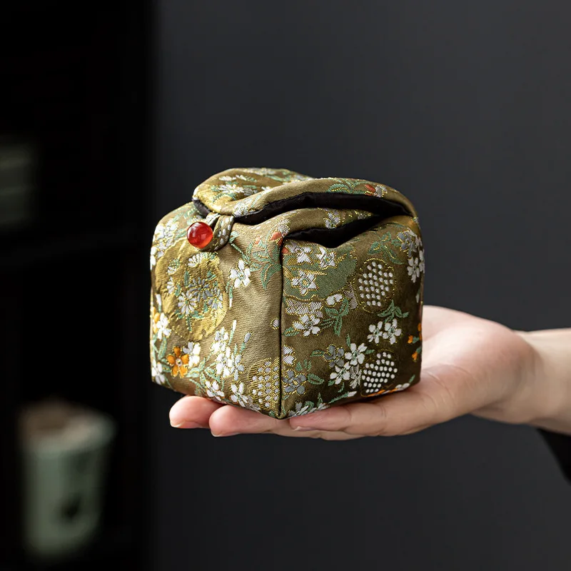 Traditional Chinese Tea Set Storage Bag - Embroidered Joyful Rabbit Design, Travel Pouch for Owner's Cup, Tea Ceremony Accessory