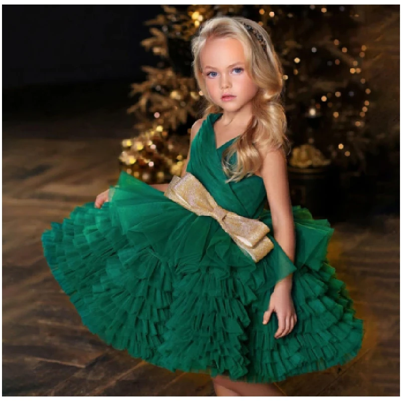 

Green Flower Girl Dress For Wedding Tulle Puffy Layered Sleeveless With Gold Bow Kids Birthday Party First Communion Ball Gowns