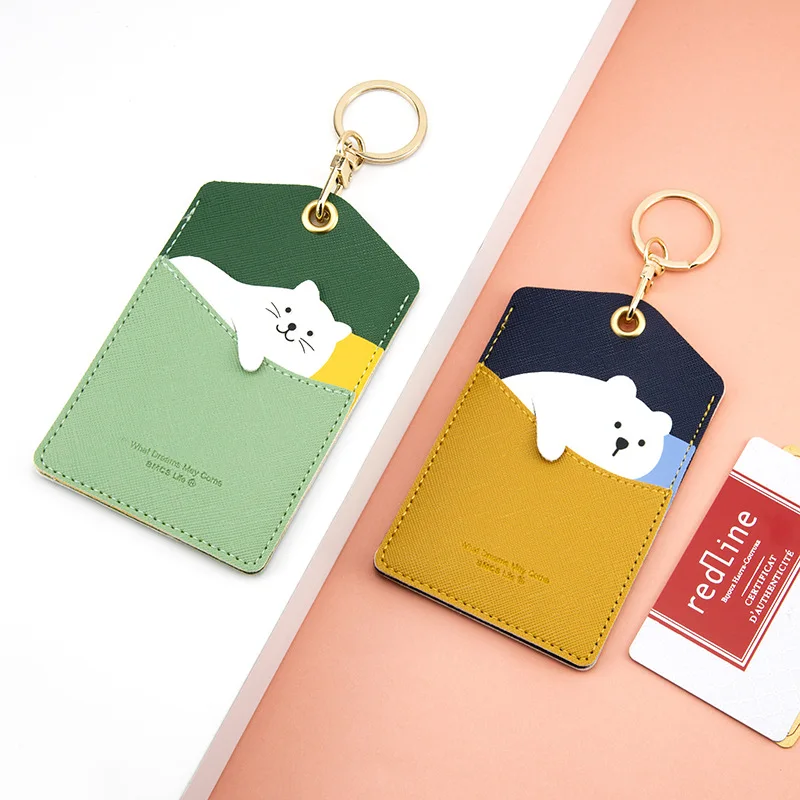 New Cute Animal Card Holder Pu Keyring Work Card Package Key Holders Poodle Keychain ID Protection Cover Elevator Card Pendant