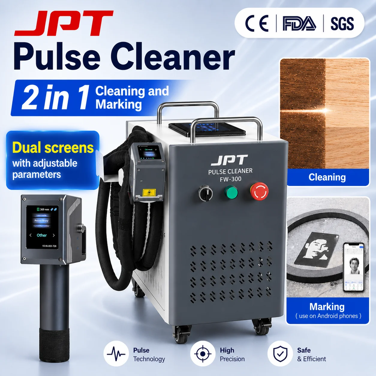 2 IN 1 Cleaning and Marking 300W JPT Pulsed Laser Cleaning Machine For Remove Rust Oil Paint Metal Wood Wall Graffiti Car Pulse Laser Cleaner 500W