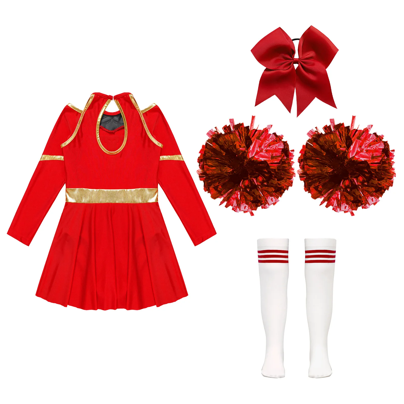 Cheerleading Costume Cheerleader Outfit Cheering Uniform for Kids Girls Long Sleeve Dress with Pom Poms Stocks Schoolgirls Cheer Leader Dance Costume