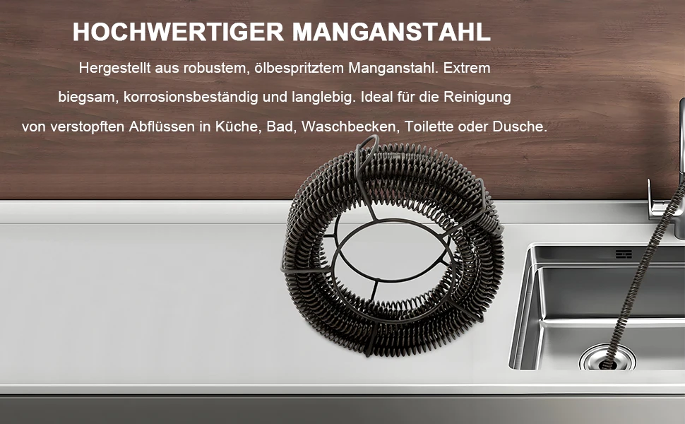 Rohrreinigungs-Spiralset, 45,9 Fuß (4 x 11,48 Fuß) Manganstahlfedern, 22 mm Durchmesser, für Rohre von 1,97-7,87 Zoll, Grau – Detail 2