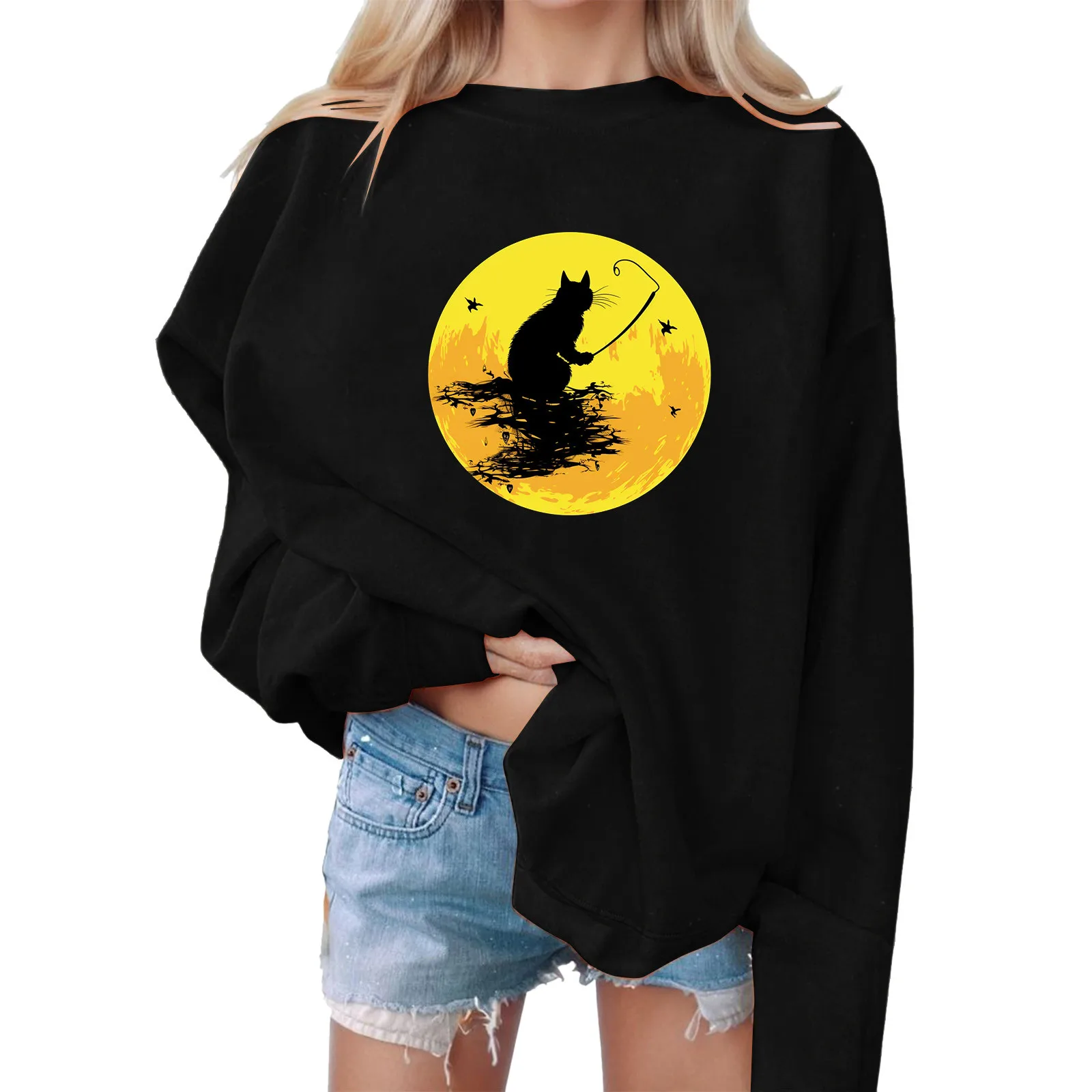 

Cute Fishing Cat Graphic Sweatshirt For Ladies Women Long Sleeve Round Neck Loose Pullover Casual Hoodless Shirts Tops Autumn