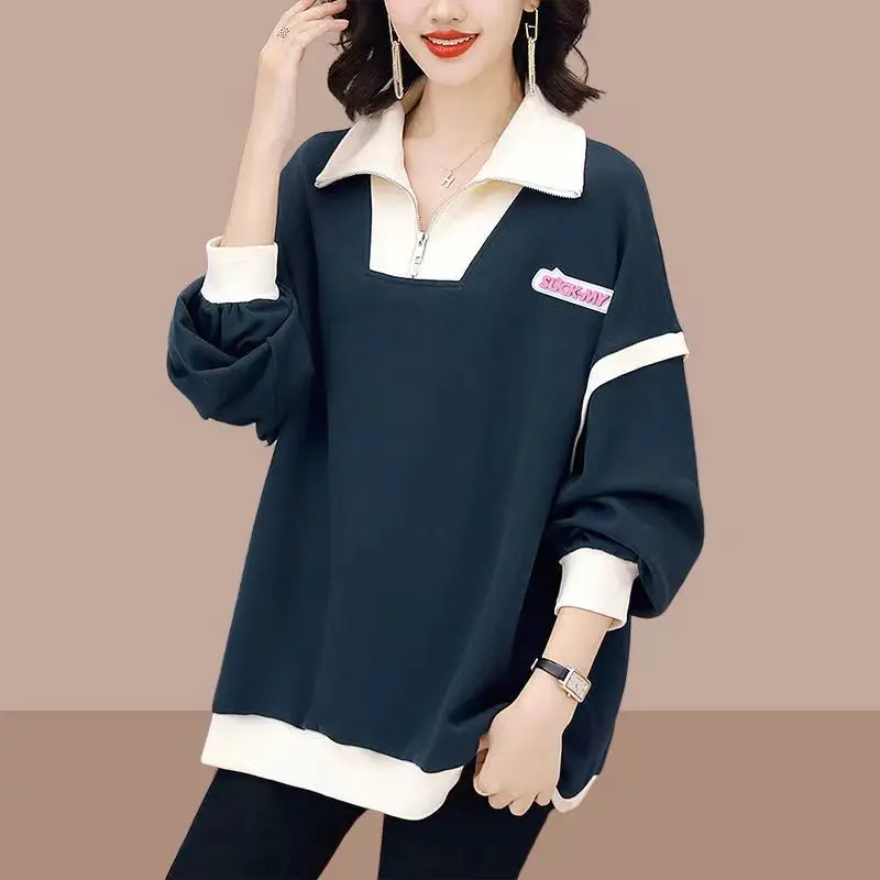 Spring Autumn Women's Polo Collar Patchwork Pullover Long Sleeve Solid Fashion Lady Sweatshirts Casual Versatile Elegant Tops
