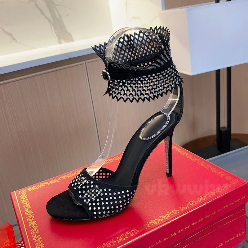 

Ladies Ultra High Heel Sandals Summer New Slender Heel Design Full Rhinestone Hollow Decor Female Shoes Senior Luxury Sandals