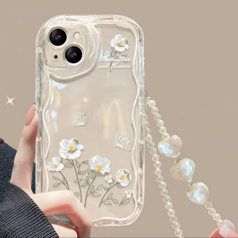 3D Floral Love Heart Soft Phone Case with Hanging Chain - Korea Style Cover