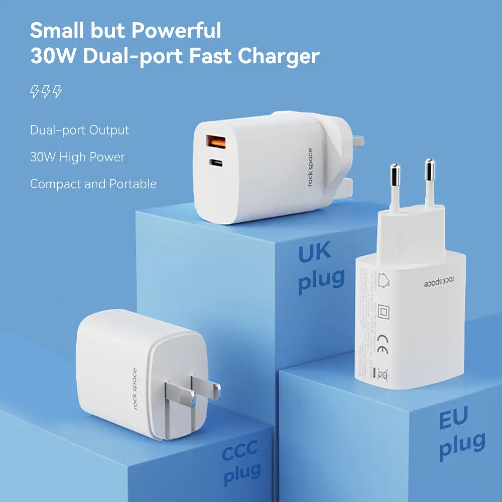

ROCK PD 30W Fast Charger QC 4.0 Dual Port USB A+Type C Quick Charger For iPhone 14 13 12 Pro Max Plus Samsung S23 S22 S21 Xiaomi
