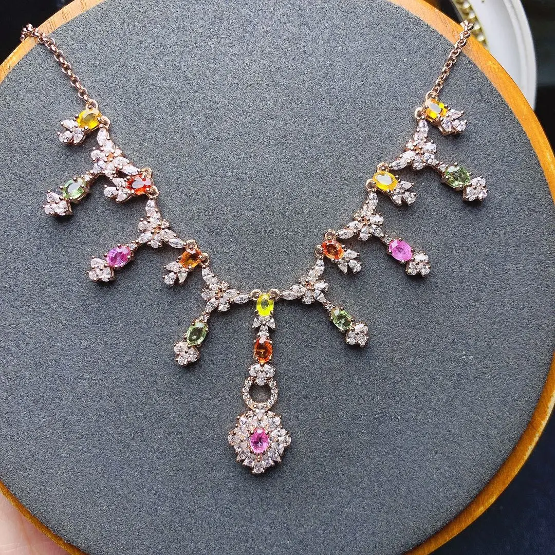 

Natural Sri Lanka Color Sapphire Necklace S925 Sterling Silver Pendant Jewelry for Women Anniversary Gift 3*4mm Genuine Gemstone