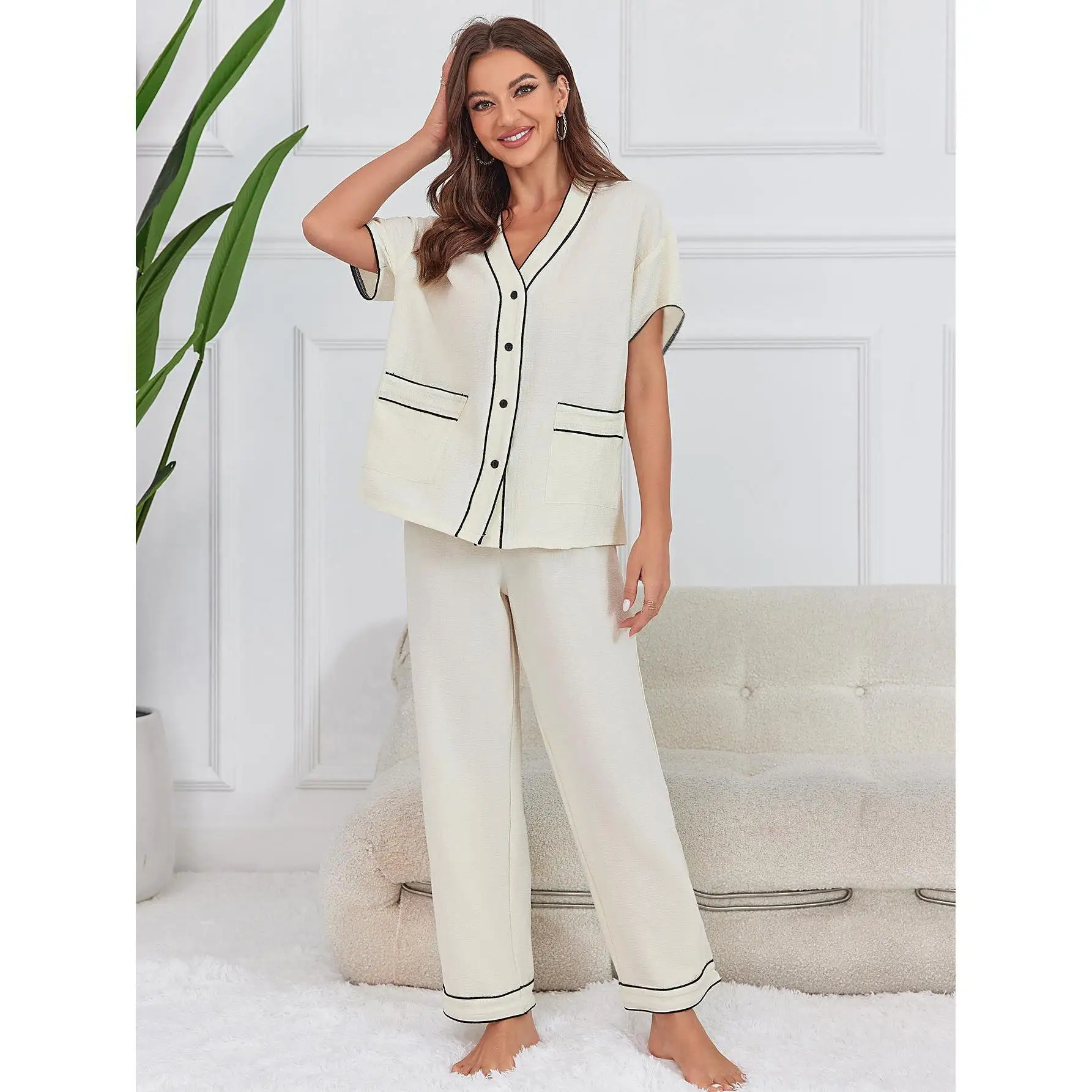 Comfy Soft Pajama Sets Beige Women Home Clothing Outfit Lounge Pijama Sleepwear Pyjama