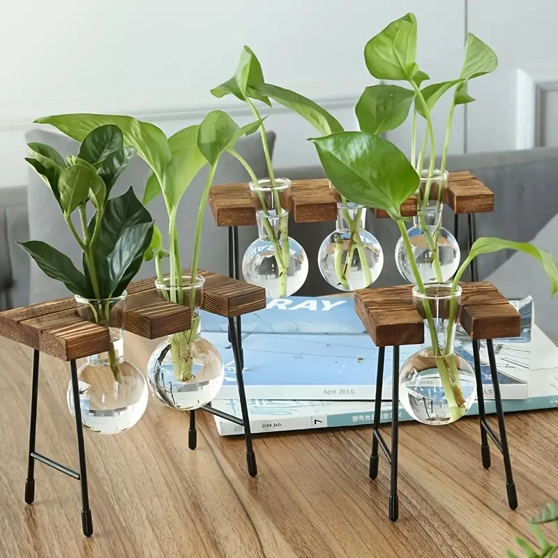 Creative Wooden Frame Hydroponic Plant Container Glass Light Bulb Vase Home Desktop Decoration Vase Beaker Glass Flowerpot 