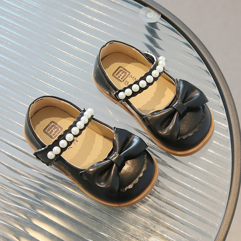 Girls Leather Shoes Children Leather Casual Shoes for Toddlers Little Girls Infants Spring Autumn New Princess Pearls Bowtie