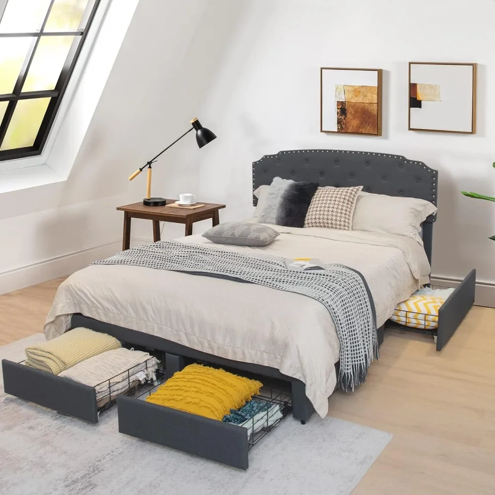 

Full-size Bed With 4 Storage Drawers and Adjustable Button Tufted Headboard Noiseless and No Box Springs Required Frame Bedroom