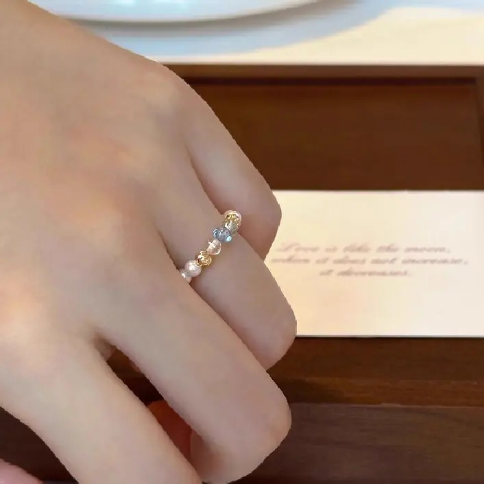 الفرنسية اللون الأزرق الزركون خاتم اللؤلؤ للنساء المتخصصة تألق مطرز الأزياء والمجوهرات أنيقة مطاطا خاتم مطرز هدية