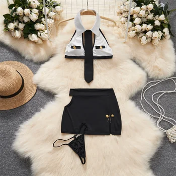 Hollow Sleeveless Halter Neck Women Crop Top With Elastic Split Mini Skirt Set Office Lady Cosplay Uniform Sexy Erotic Lingerie 1