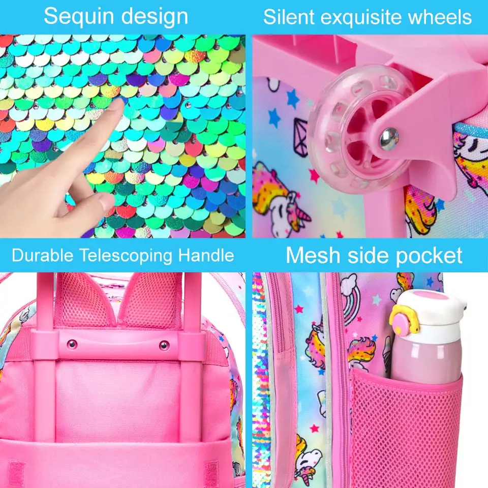 Oruiji Unicorn Rolling Backpack Set For Girls - 3 In 1 With Lunch Bag & Pencil Case, Waterproof - View #4