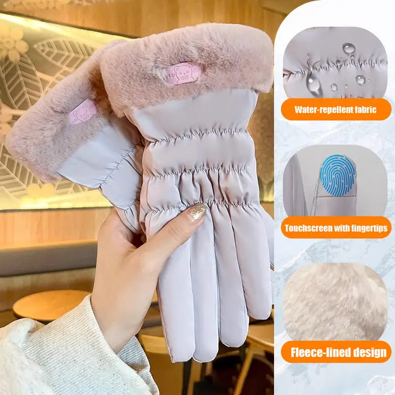 Thik Ski Gloves Women Winter Fleece Thickened Warm Plush Waterproof Touch-Screen Gloves For Outdoor Riding Mountaineering