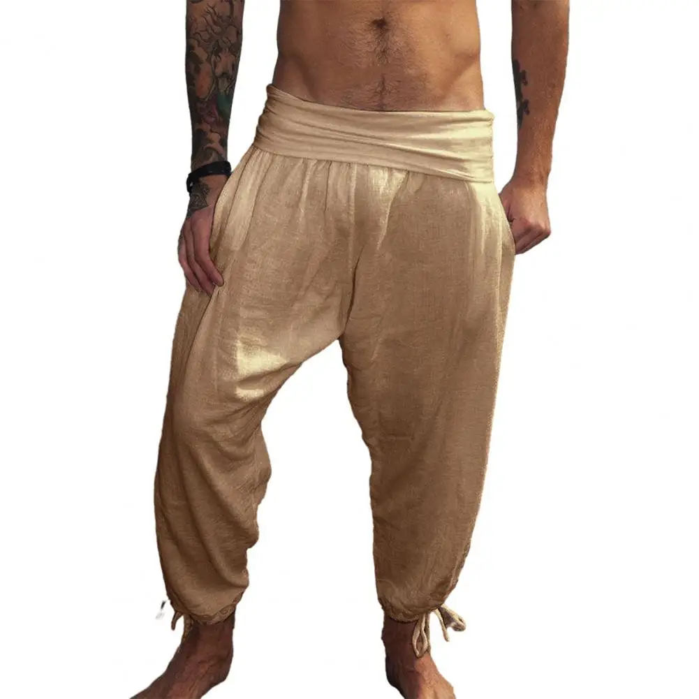 

Men Pants Vintage Solid Color Wide Waistband Ankle-banded Mid Waist Deep Crotch Casual Beach Long Trousers Men Clothing 2023