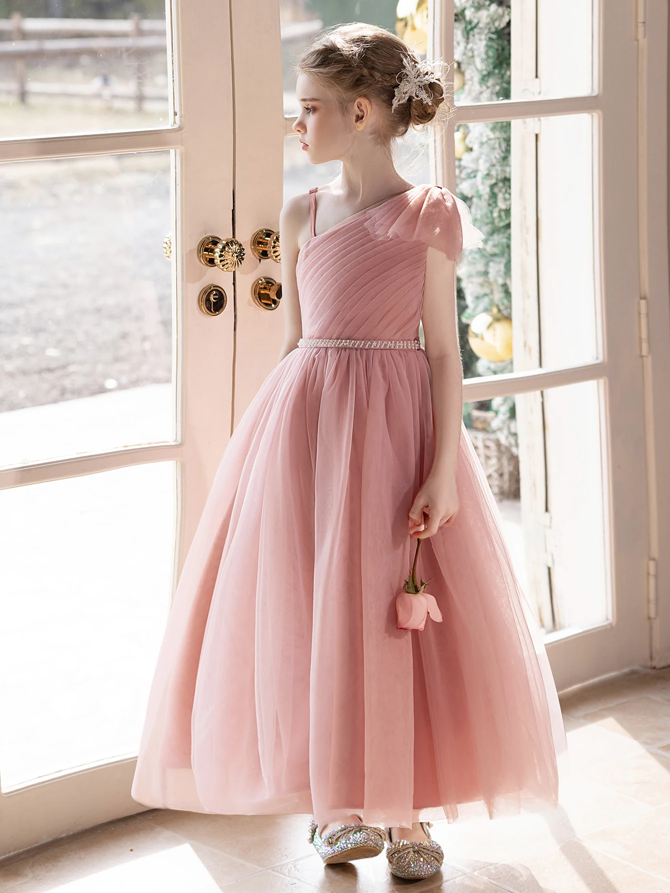 Girl's Elegant Pink One-Shoulder Puff Dress