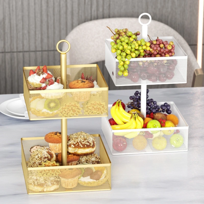 

2 Tier Kitchen Countertop Storage Fruits Basket Detachable Large Metal Seasoning Vegetables Holder Table Bread snacks Organizer