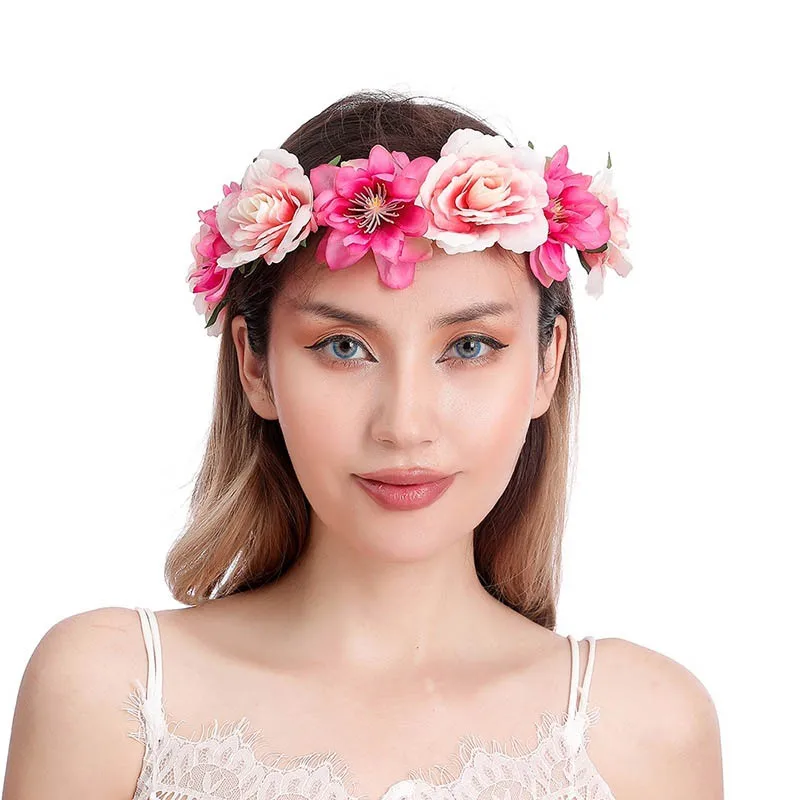 Diadema de flores rosa hecha a mano, guirnalda Floral, banda para el