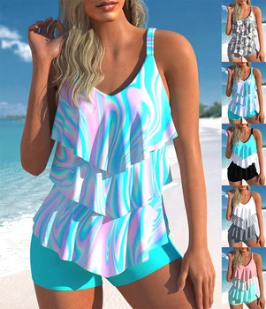 Women's New Summer Two-piece Set with Three-layer Ruffle Edge Printed Sexy Lace Up Casual Beach Swimsuit S-6XL 1