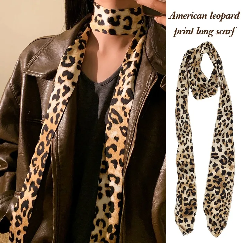 American Leopard Print Long Scarf Women Retro Tie Multifunction Hair Band Bags Handle Decoration Long Scarfs Fashion Accessories 2