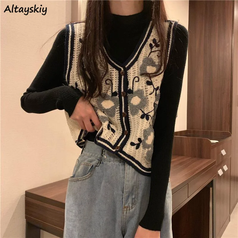 

Knitted Vests Women Vintage Casual Embroidery Soft Temper Korean Style All-match Hollow Out Literary Chic Females Basic Harajuku