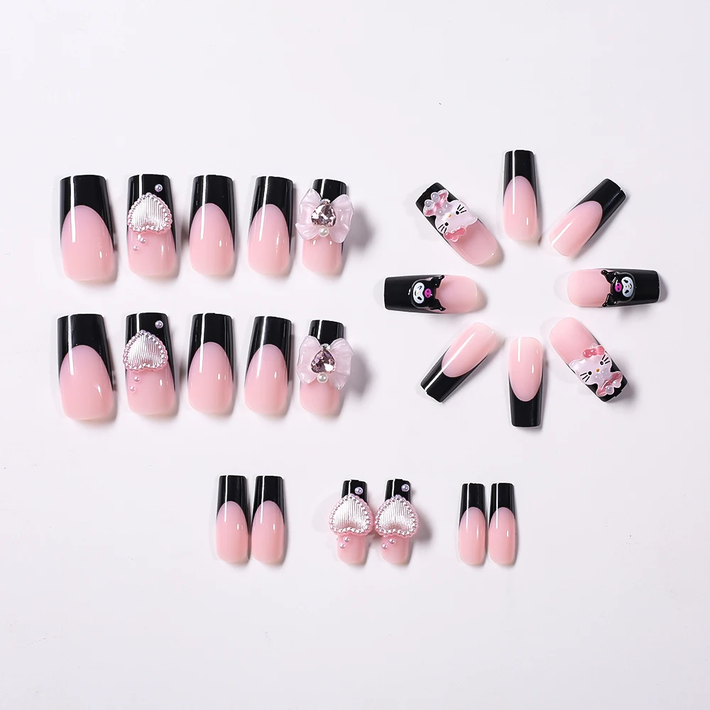 24개입 3D 헬로키티 쿠로미 Y2K 프레스온 네일 핑크 리본 하트 펄 라인스톤 관 모양 가짜 손톱 풀커버 프렌치 네일  _