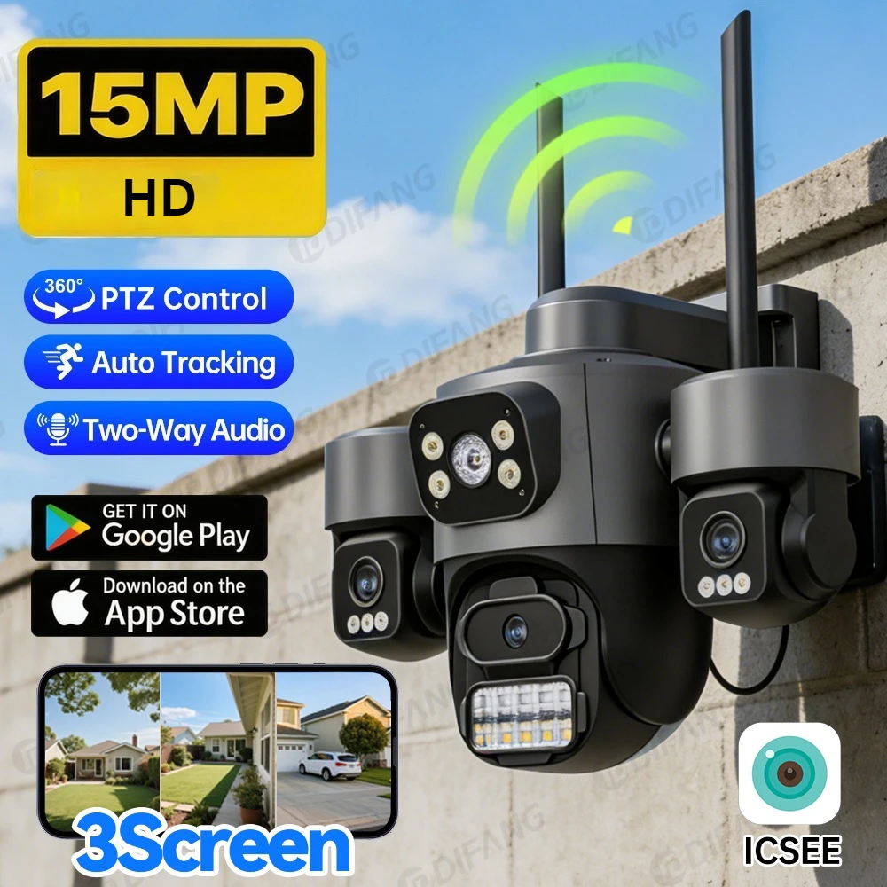 15MP Triple Lens & Triple Screen WiFi IP Camera, Auto Tracking Security Cam with IP66 Waterproof, iCsee App CCTV Surveillance 1