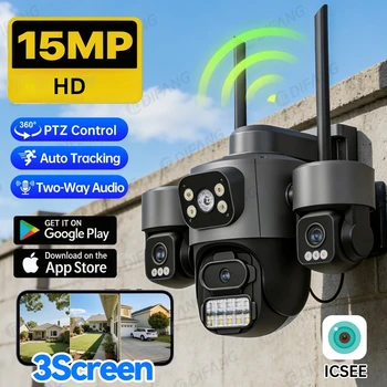 15MP Triple Lens & Triple Screen WiFi IP Camera, Auto Tracking Security Cam with IP66 Waterproof, iCsee App CCTV Surveillance 1