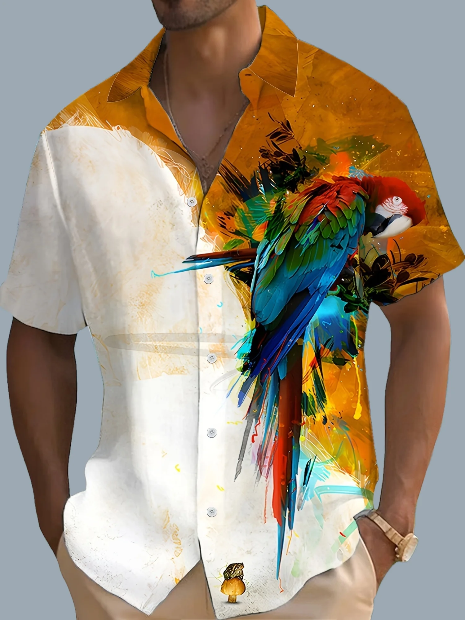 2025 New Men's Shirt 3d Fashion Casual Parrot Bird Print Hawaiian Lapel Button Shirt Short Sleeve Top Homme Harajuku Ropa Hombre 1