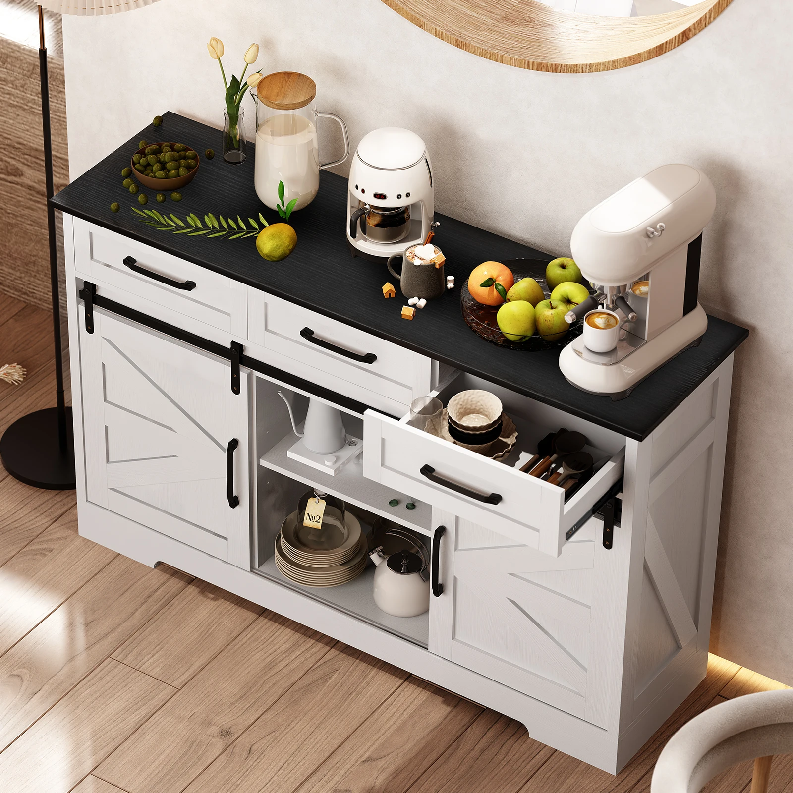 Redlife Sideboard Buffet Cabinet 53.5'' Coffee Bar Storage Cabinet w/ Adjustable Shelves Sliding Doors for Dinning Room Kitchen