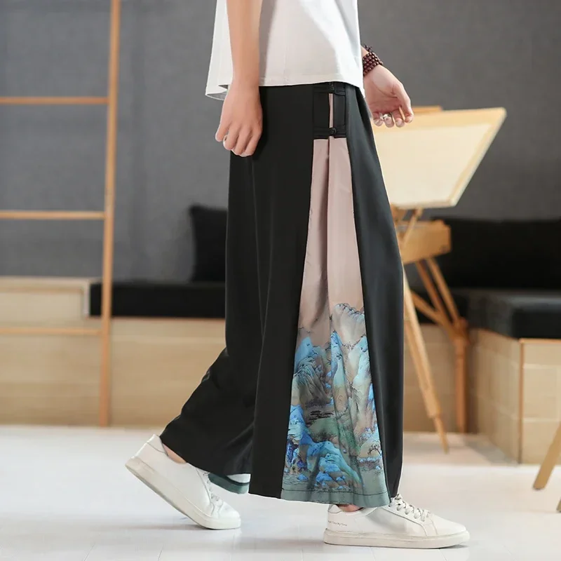 Chinese Style Men Clothing Summer Thin Ice Silk Casual Wide Pants Loose Plus Size Hakama Harajuku Oversized Trousers