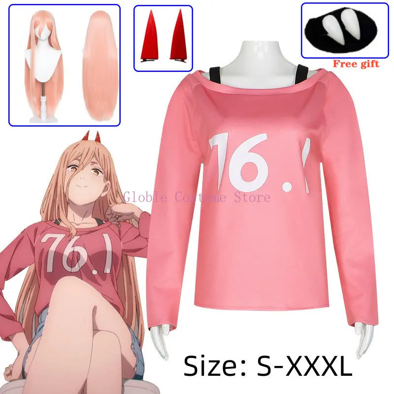 Anime Chainsaw Man Power Wig Costume Cosplay Makima Power Parrucche Puntelli Corna Denti Power T-Shirt