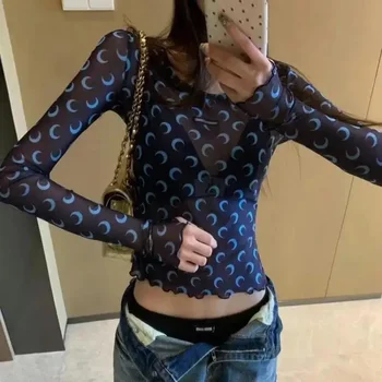 Women's Long Sleeve Crop Top Blouse Sheer Mesh Slim Elastic Y2K Casual Sexy Ruffles Bottoming T-Shirt 1