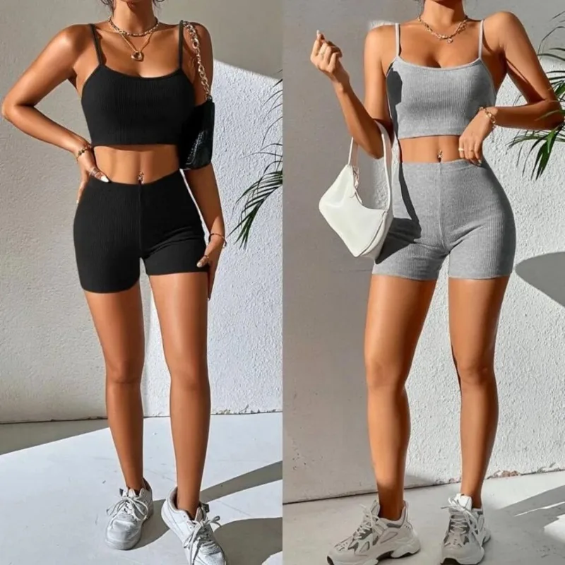 2023 Women Tracksuit Crop Tops+Elastic Bike Shorts Sporty Matching Suits Casual Female OutfitSolid Asymmetrical Two Piece Sets